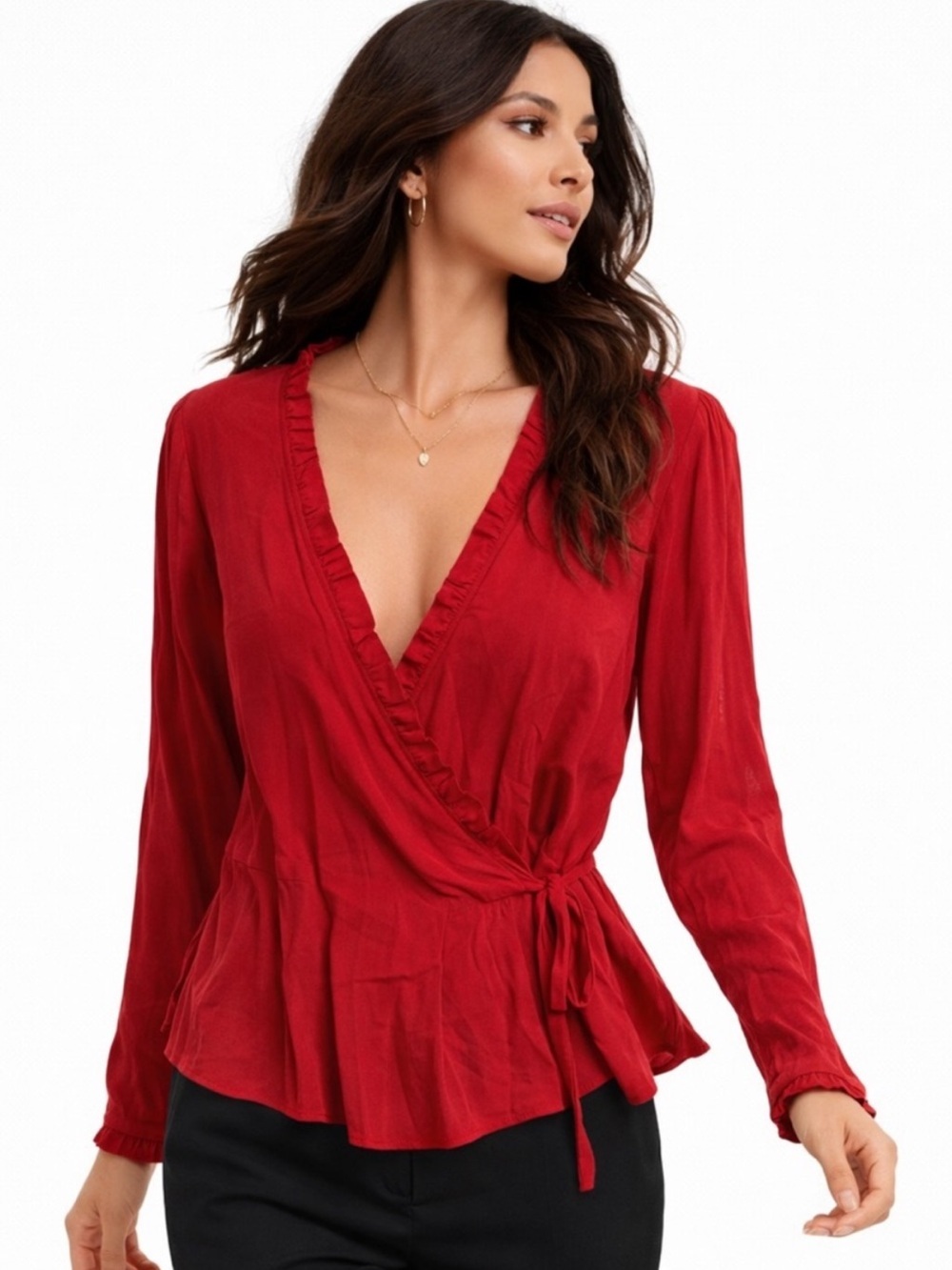 LOFT Red Wrap Ruffle Blouse with Side Tie